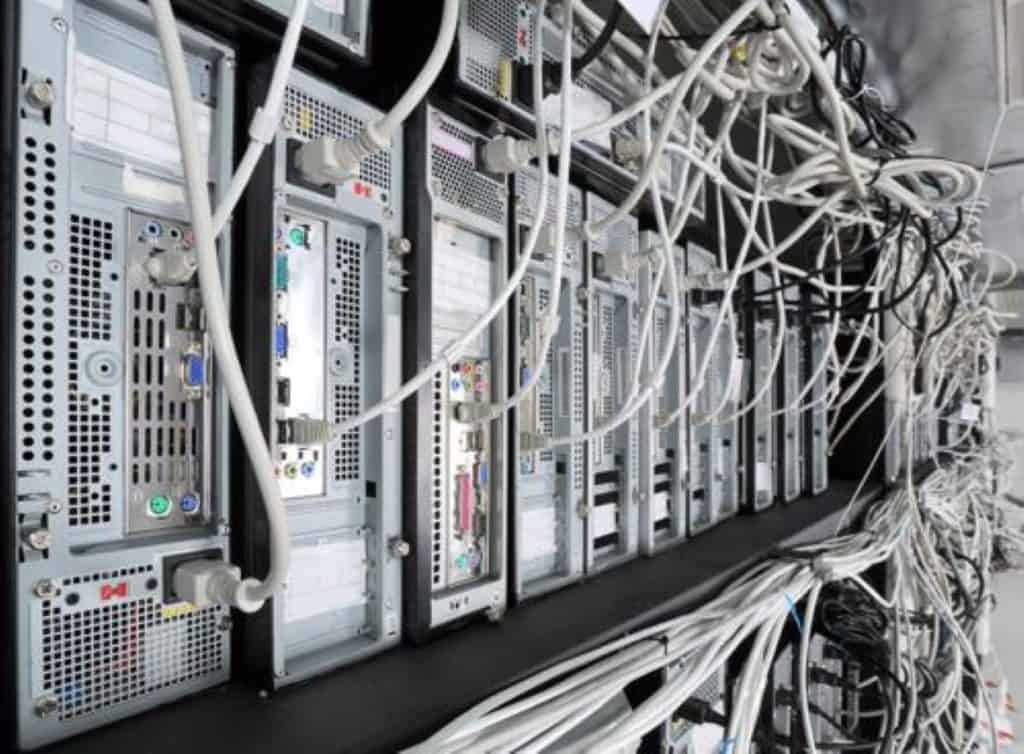 Cables attached to servers in a room